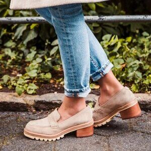 Bernardo Selma Suede Slip-On Lug Sole Block Heel Loafers in Clay Split, Size 10M